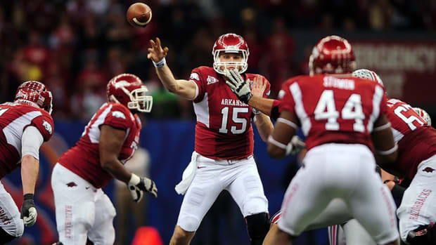 Arkansas Razorbacks quarterback Ryan Mallett against the Ohio State Buckeyes during the 2011 Sugar Bowl at the Louisiana Superdome.